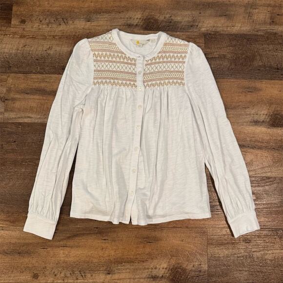 Boden Ivory Long Sleeve Button-Up Shirt US 2 / UK 6 Embroidered Smocked READ - Picture 1 of 10